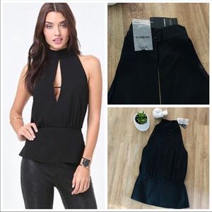 bebe Carver Mock Neck Peplum Black Top